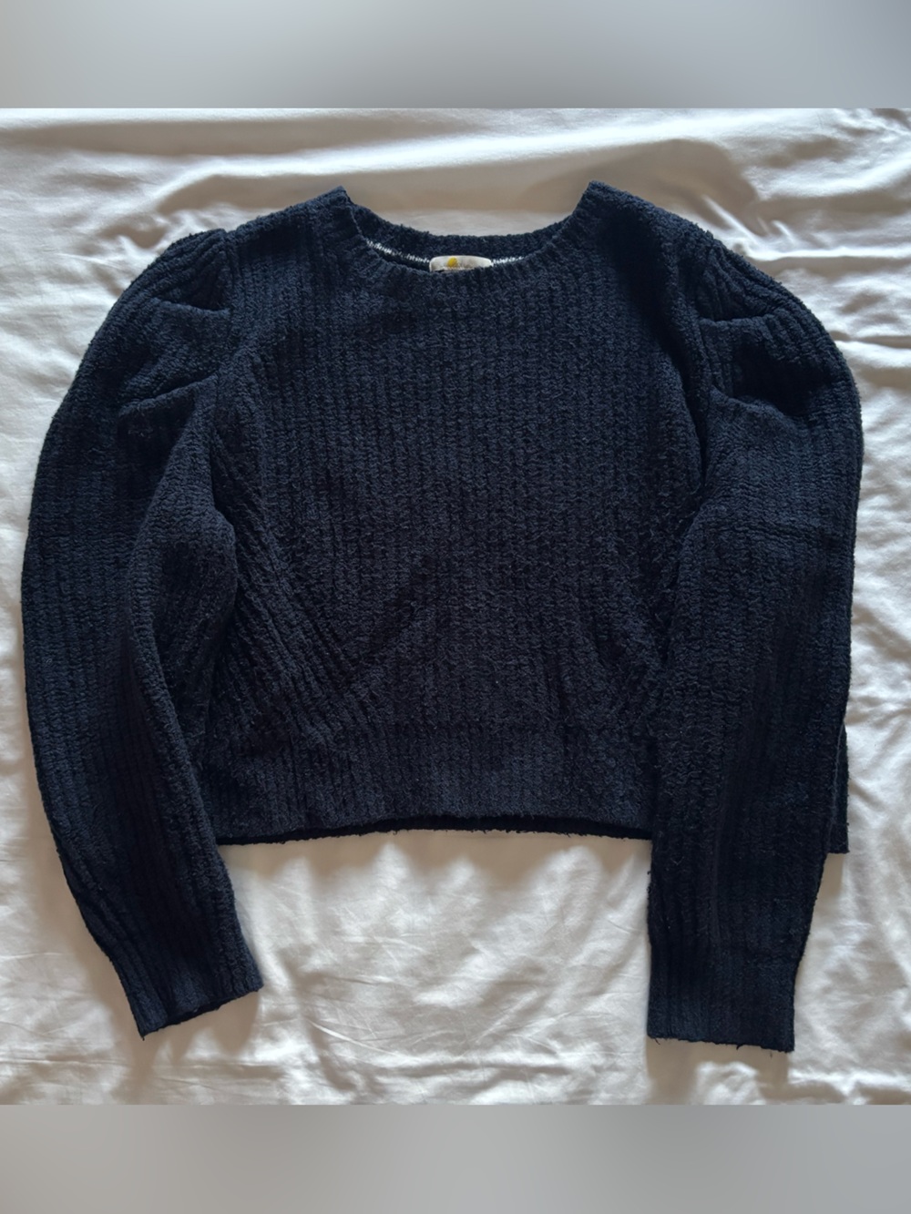 Boden Navy Blue Cropped Puff Sleeve Chunky Sweater Sz XL